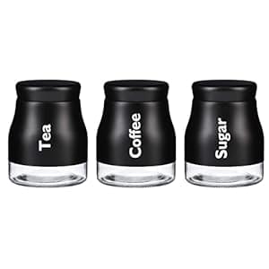Rammento Set of 3 Matt Black Glass Canisters – Stylish Tea Coffee Sugar Glass Canisters Black Caddy Set, Large 900ml Capacity – Kitchen Storage Solution