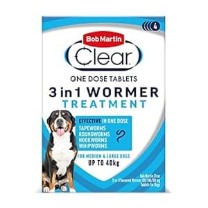 Bob Martin Clear 3-in-1 Wormer for Dogs (4 Tablets) – For Small, Medium and Large Dogs up to 40kg, Clinically Proven Treatment