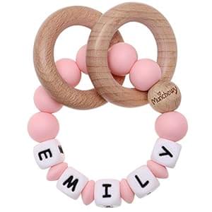 Munchewy Baby Rattle Teether Personalised Name, Customised Grasping Activity Shaker Grab and Spin Rattles, Early Educational Toys with Wood Teething Rings for Newborn Infant Toddler – BabyPink
