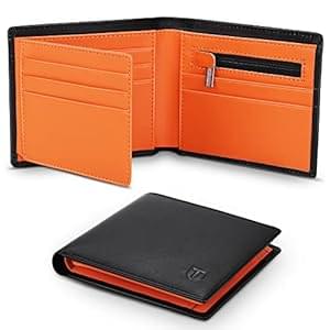 TEEHON® Wallets Slim Genuine Leather RFID Blocking Wallet with 11 Card Holder, 2 banknote compartments, Coin Pocket, Minimalist Wallets for Men UK with Gift Box – Black and Orange