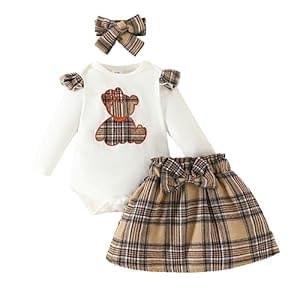Mesalynch Baby Infant Girls Cute Bear Romper Skirt Outfits 3PCS Set Long Sleeve Ruffle Shoulder Cartoon Bear Print Romper Top Plaids A-Line Skirt Bowknot Headband