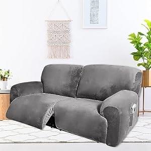 Fengshui 2 Seater Recliner Sofa Covers 6 Pcs Velvet Stretch Loveseat Couch Cover with Side Pocket, Soft Washable Reclining Chair Protector fit 75” to 100” Extra Wide Loveseat Armchair, Dark Grey