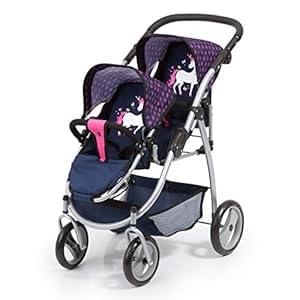 Bayer Design 26554AA Tandem, Twin dolls pram, Pushchair, Jogger, Unicorn, modern, adjustable handle, foldable, blue pink