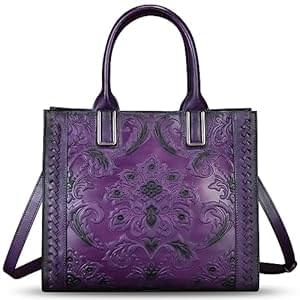 FEIGITOR Genuine Leather Satchel for Women Embossed Handbag Top Handle Bags Handmade Purse Crossbody Tote Shoulder Bag