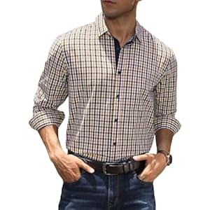 Elegancity Mens Dress Shirt Plaid Cotton Business Formal Shirts Regular-Fit Wrinkle-Free Long Sleeve Button Down Casual Shirts S-XXL